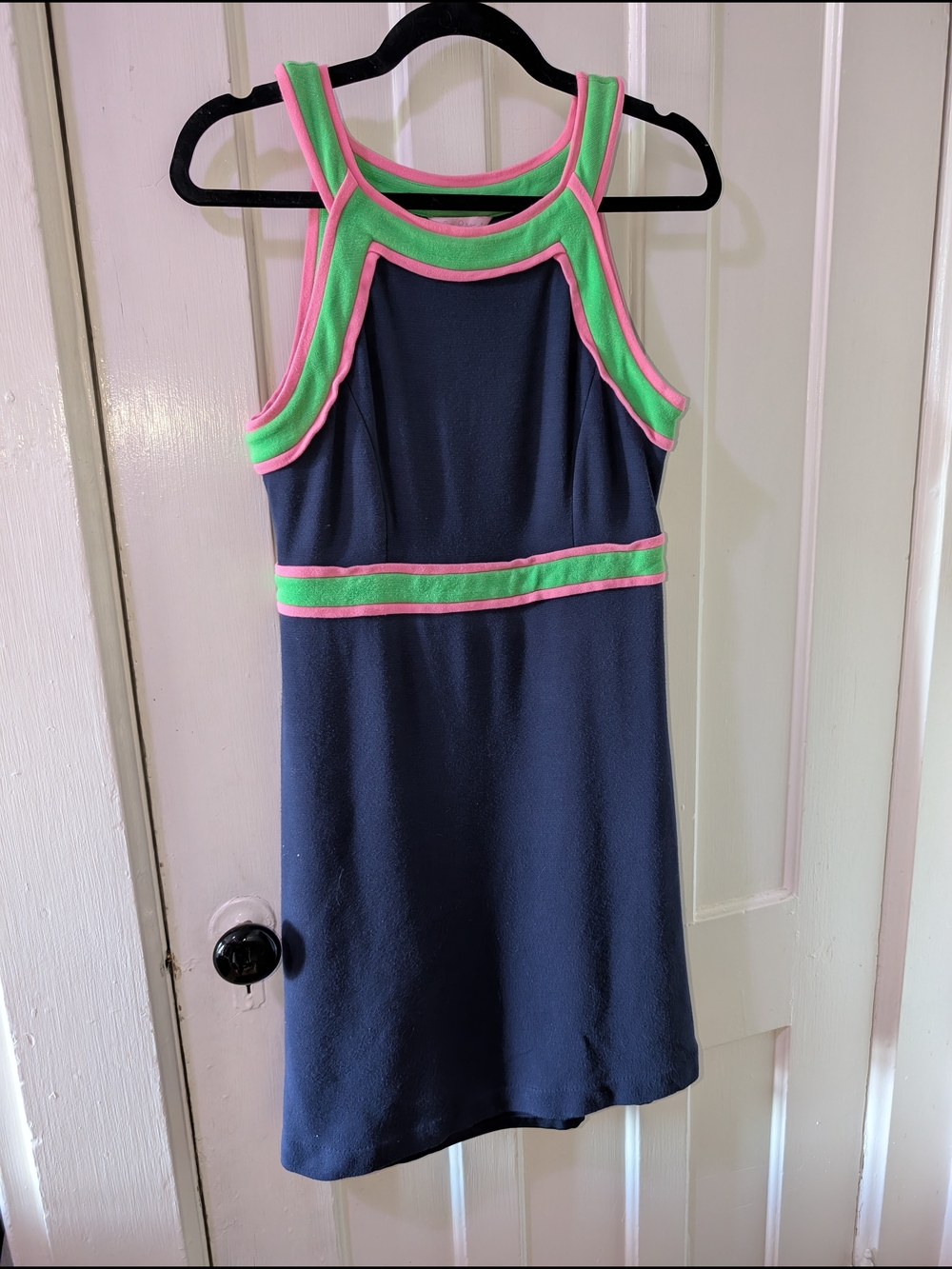 Lilly Pulitzer Navy Shift Dress Size 4 Pink & Green Trim Sleeveless Preppy